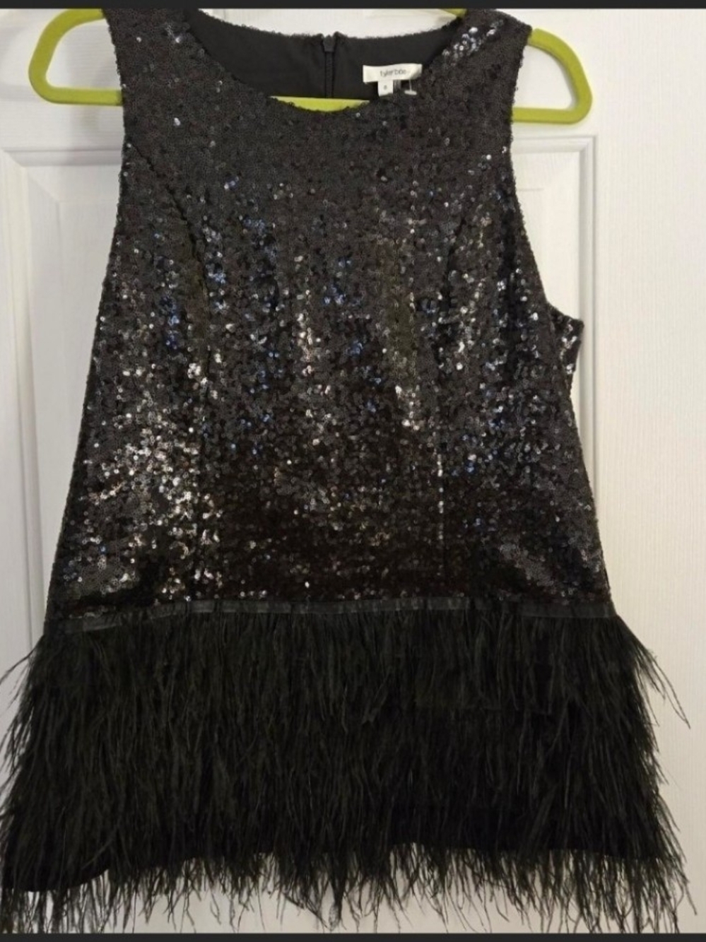 Tyler Boe Black Sequin Sleeveless Top/Dress with Feather Trim